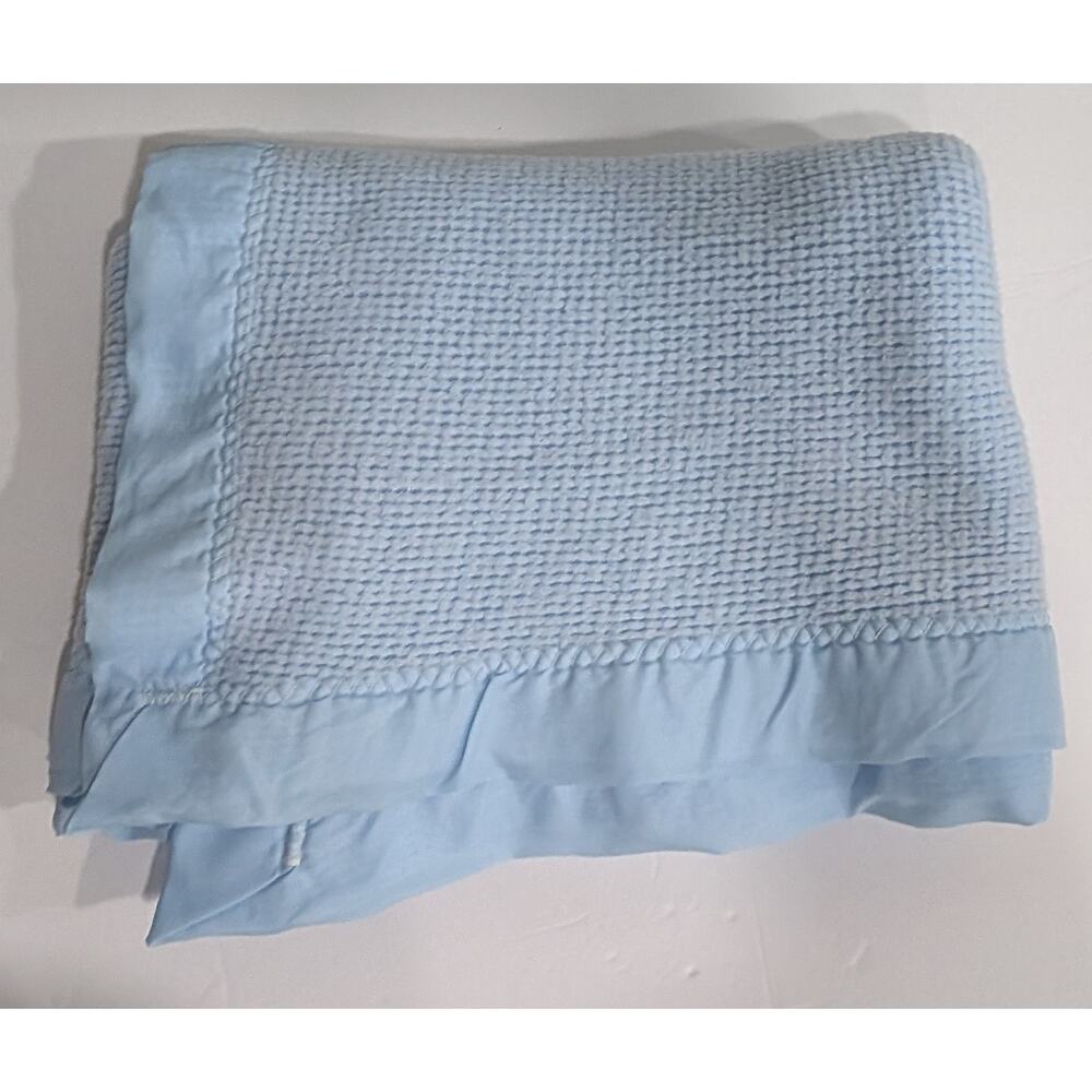 VTG Baby Morgan Blue Waffle Weave Thermal Baby Blanket Satin Nylon Trim USA